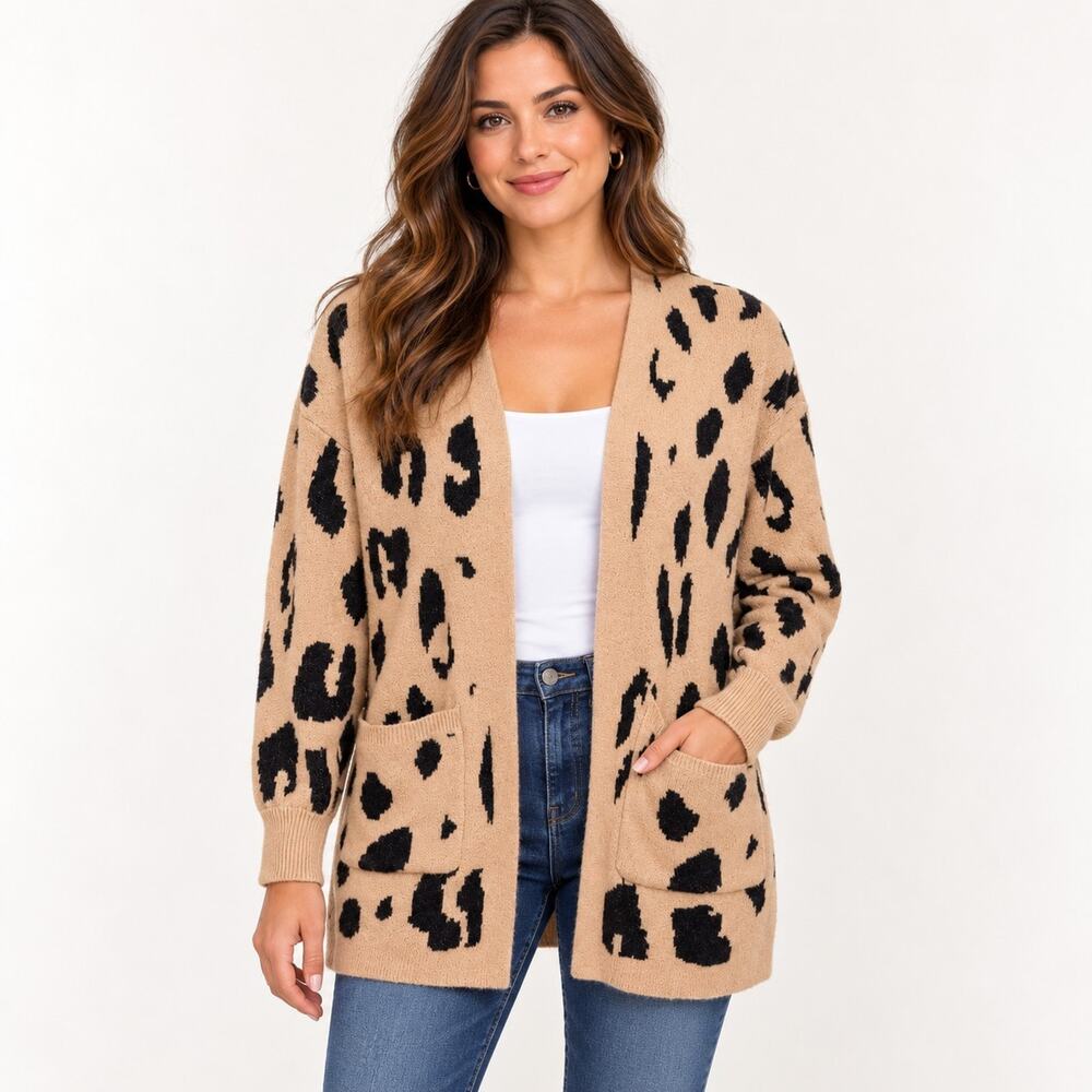 MEROKEETY Leopard Cardigan Sweater Womens L Tan Black Open Front Pockets Cozy